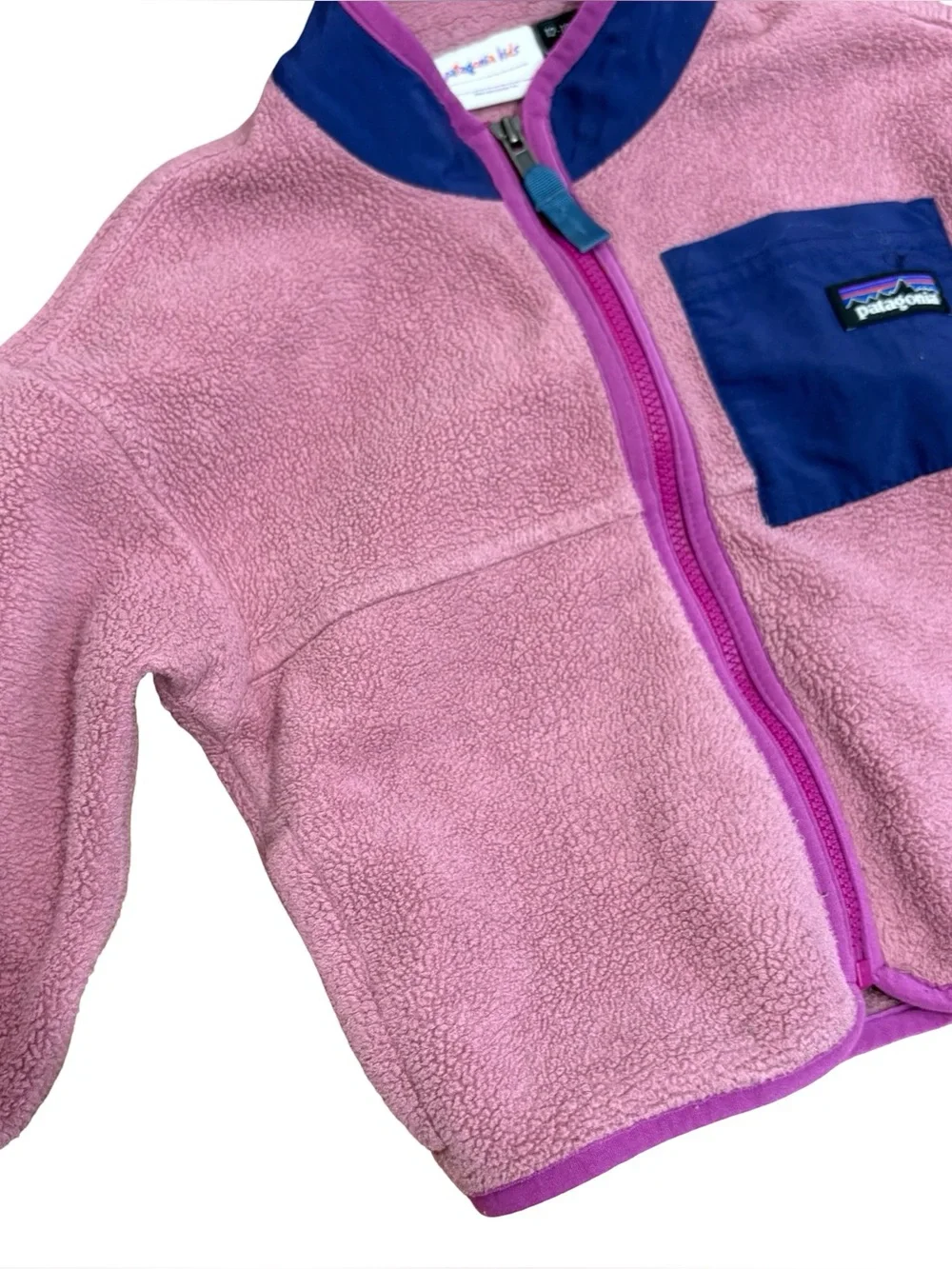 Patagonia Baby Synchilla Fleece Jacket Pink blue chest pocket and trim 12-18M